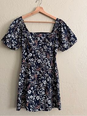 Lost + Wander Navy Floral Square-Neck Puff Sleeve Mini Dress